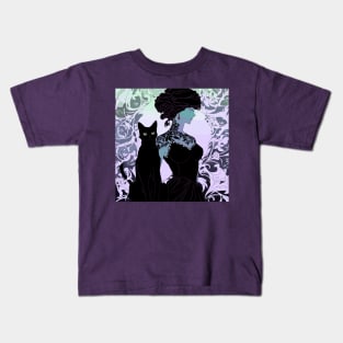 Woman and black cat (purple) Kids T-Shirt